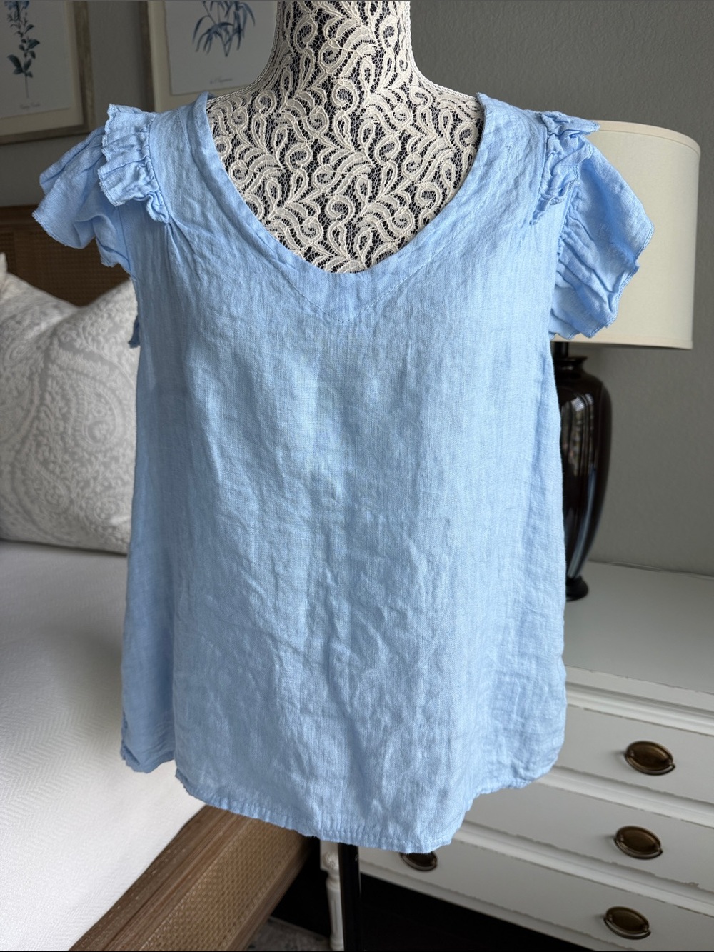 Women's 100% Linen Light Blue Ruffle Sleeve V-Neck Blouse Made in Italy